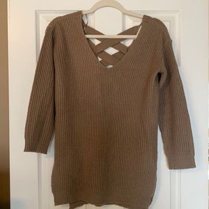 Long knit sweater with Criss cross on back and wide shoulders